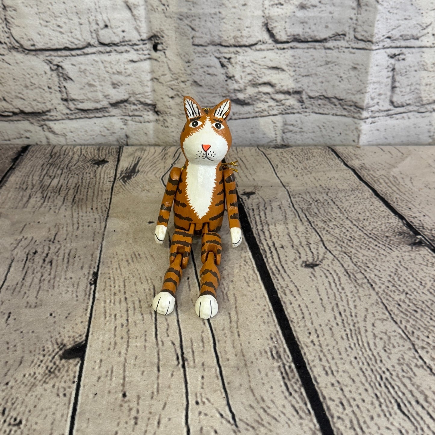 10cm Brown Tabby Cat Sitting Animal, Wooden Shelf Ornament Handmade Fairtrade1