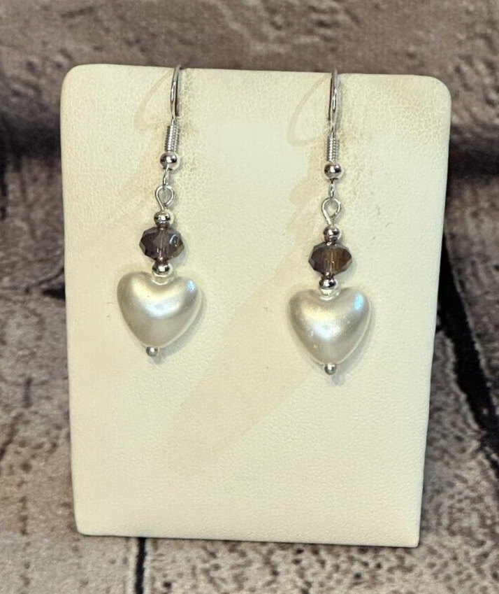 Purple Crystal And White Heart Shaped Dangle Drop Earrings Handmade UK Jewellery0