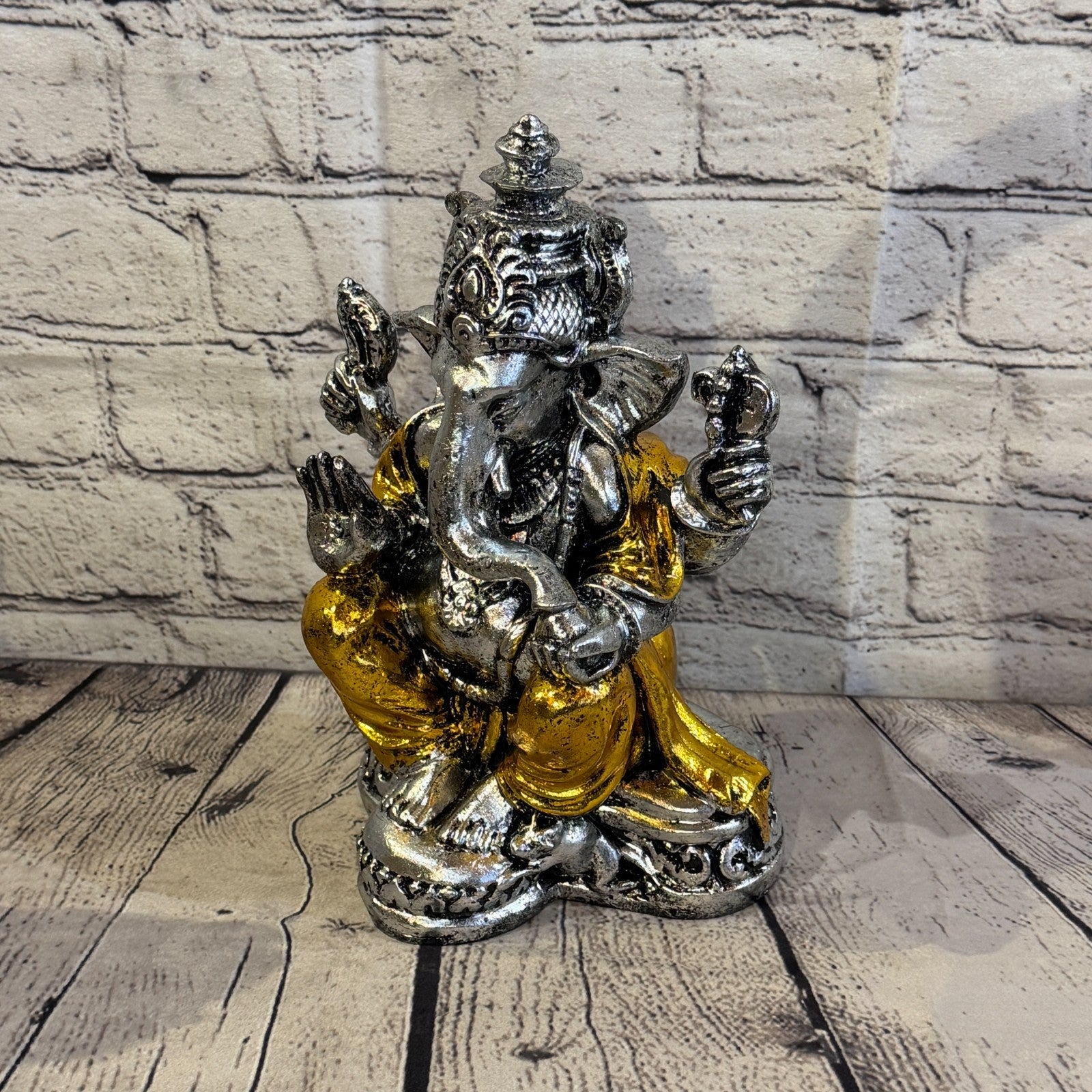 Silver And Gold 25cm Large Ganesh Ganesa Sitting On Lotus Statue Resin Hindu1