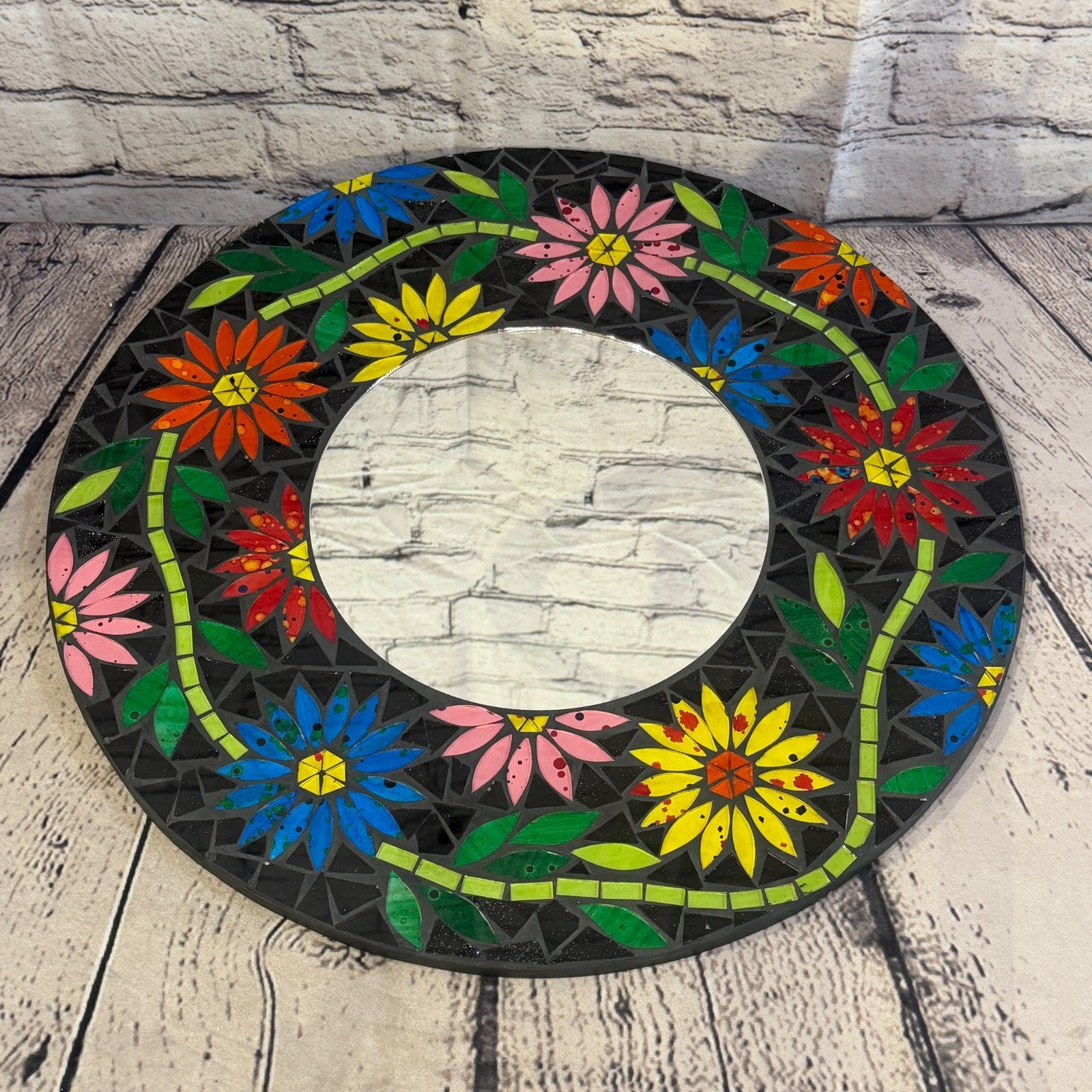 Rainbow Flower Black Mosaic Tile Wall Mirror 40cm x 40cm 16 Inches Handmade2