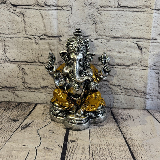Gold & Silver 18cm Large Ganesh Ganesa Sitting On Lotus Statue Resin Hindu0