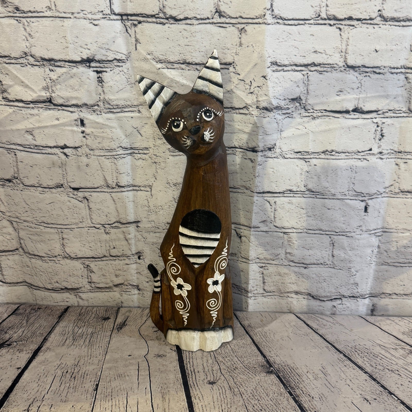 40cm Brown Flower Wooden Shabby Cat Statue Ornament Fair Trade Handcarved0