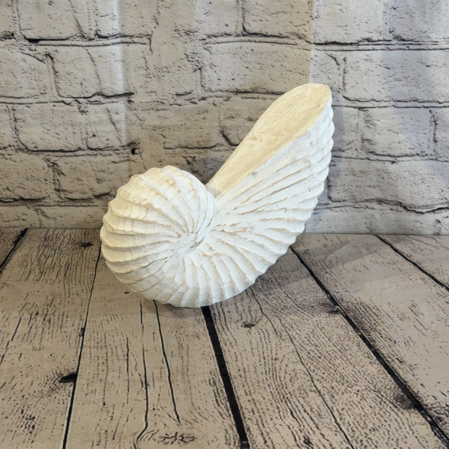 25cm White Shabby Pastel Nautilus Shell Ornament Decor Carved Light Wood Figure0