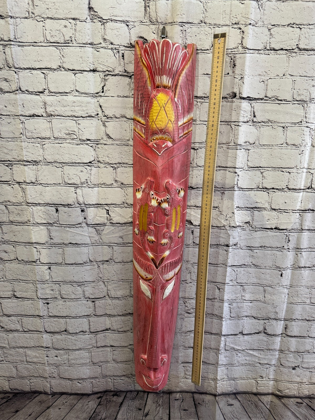 100cm Pink Gecko Hand Carved Fair Trade Wooden Animal Wall Art Hang Mask3