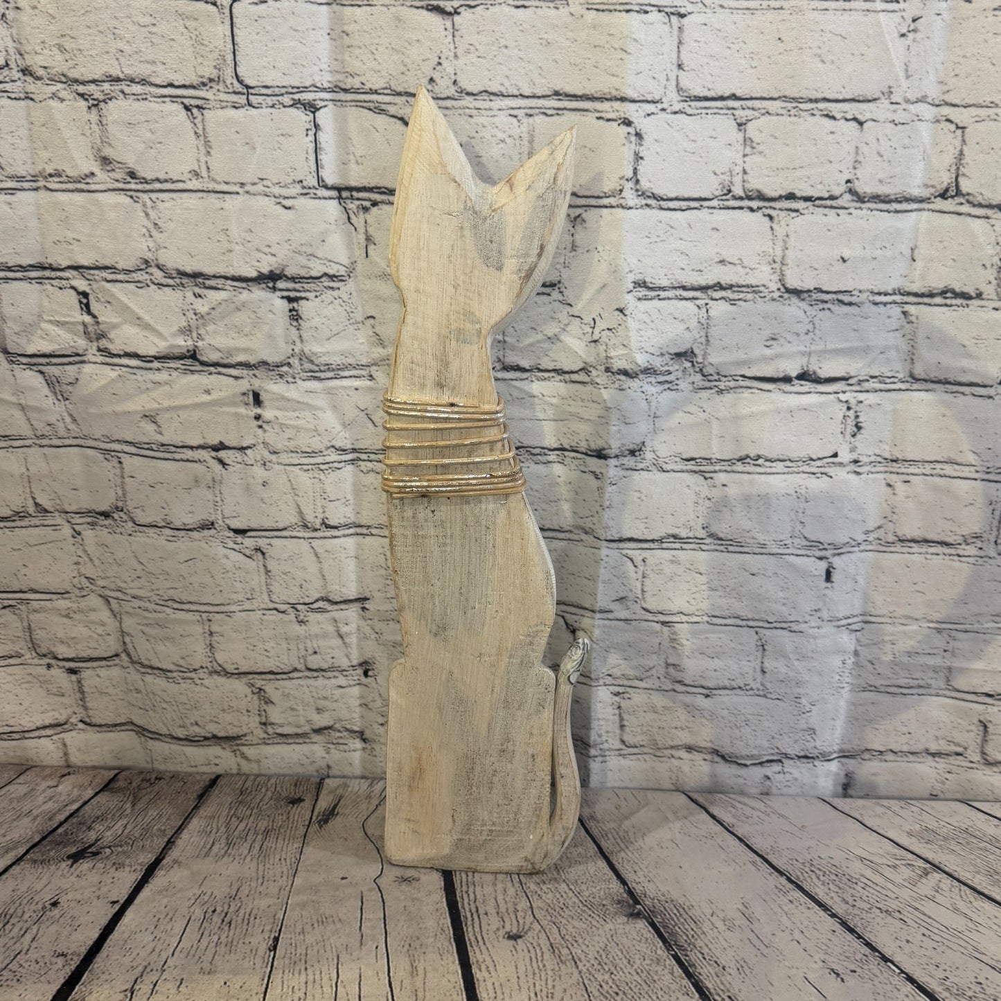 50cm White Silver Dots Wooden Shabby Cat Statue Ornament Fair Trade Handcarved4
