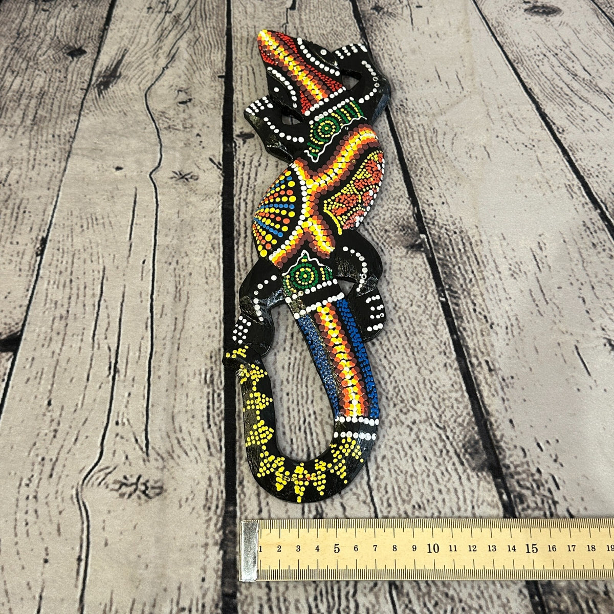 30cm Gecko Carved Wooden Dot Painted Ethnic Tribal Tiki Wall Handmade No 45