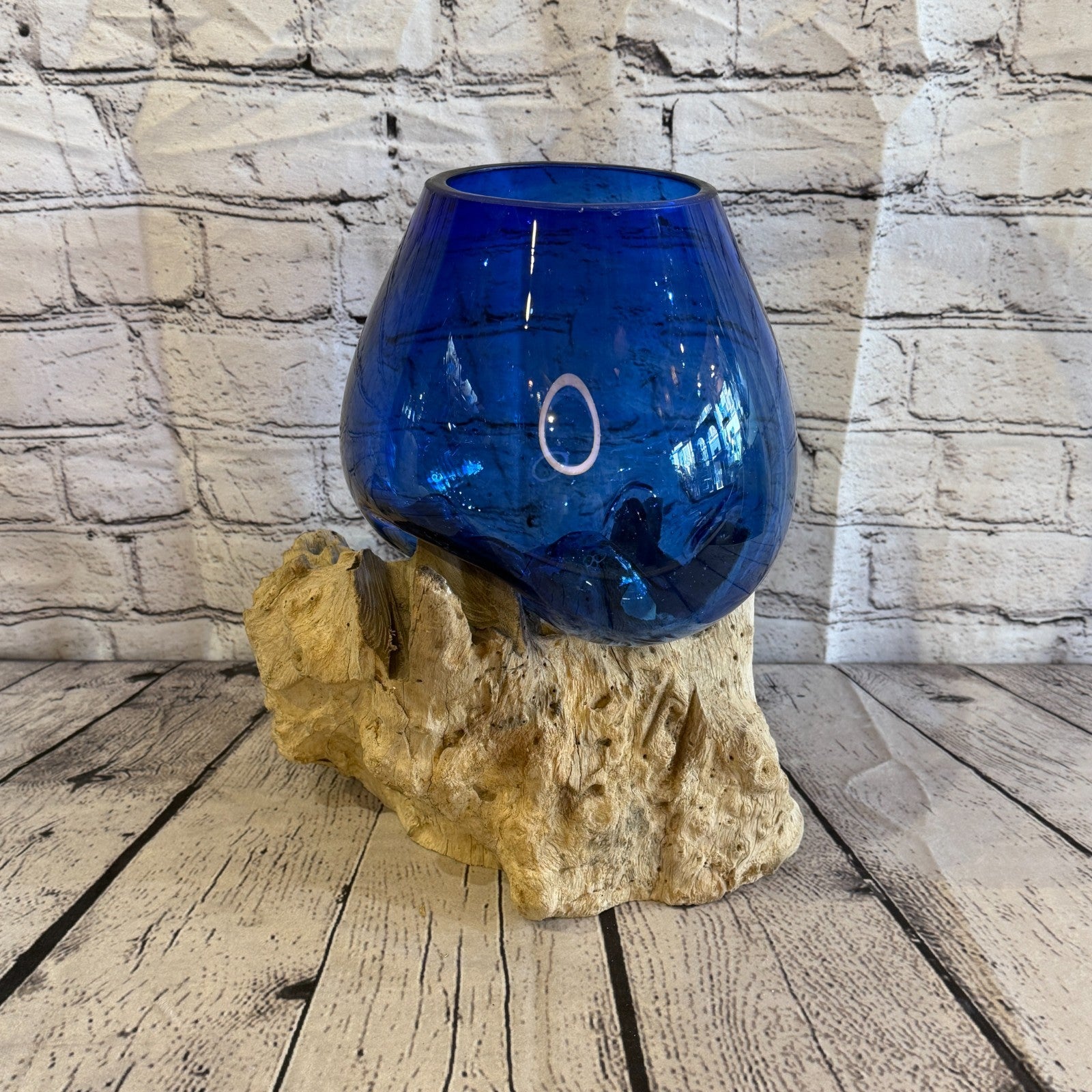 30cm Tall Blue Colour Melted Glass Wood Decorative Vase Glass Sculpture Crafted2