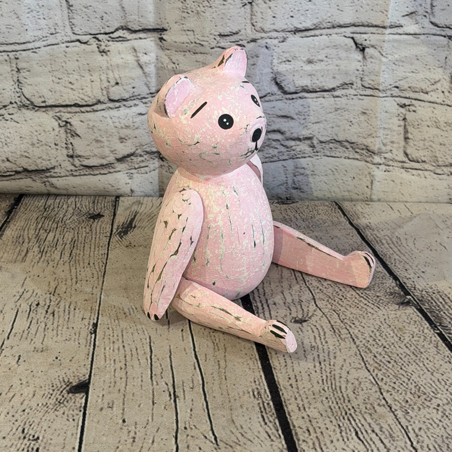 18cm Pink Teddy Bear Sitting Animal, Wooden Shelf Ornament Handmade & Fairtrade2