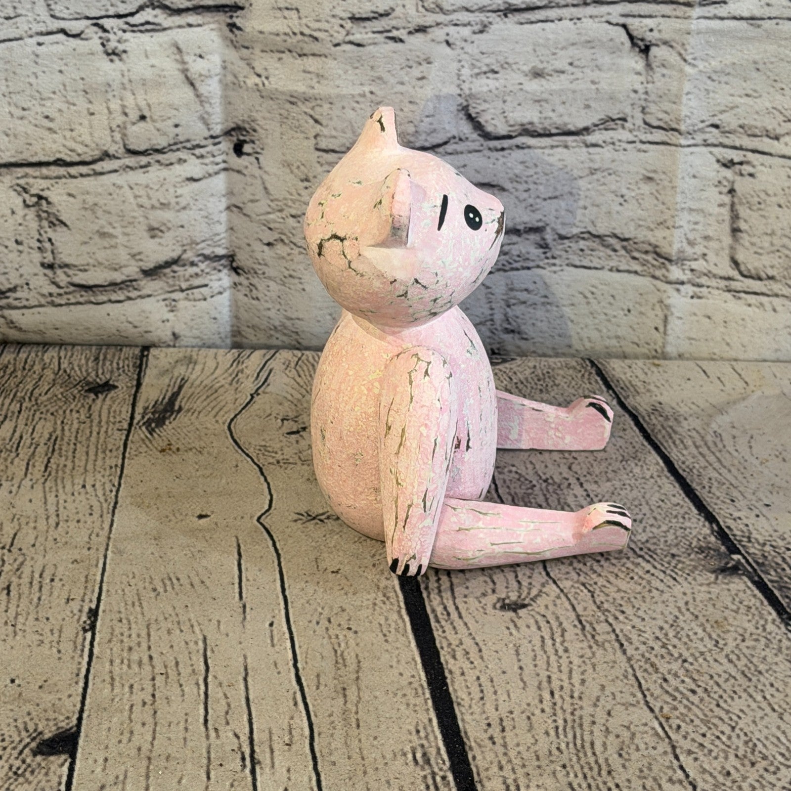 15cm Pink Teddy Bear Sitting Animal, Wooden Shelf Ornament Handmade & Fairtrade3
