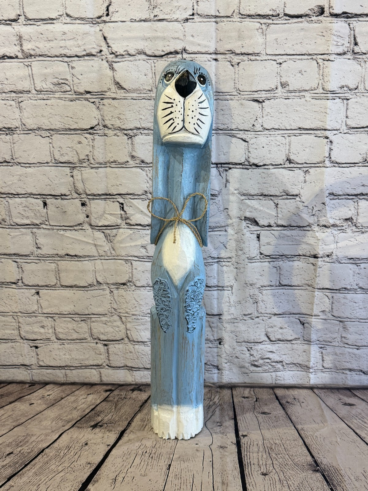 60cm Light Blue Wooden Shabby Dog Statue Ornament Fair Trade Handcarved1