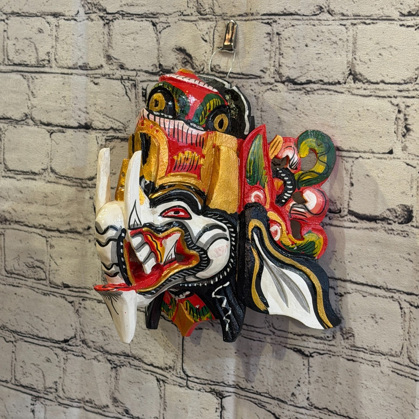 25cm Ganash Ganesha White Elephant Hindu Deity Wooden Hand Carved Mask Painted1