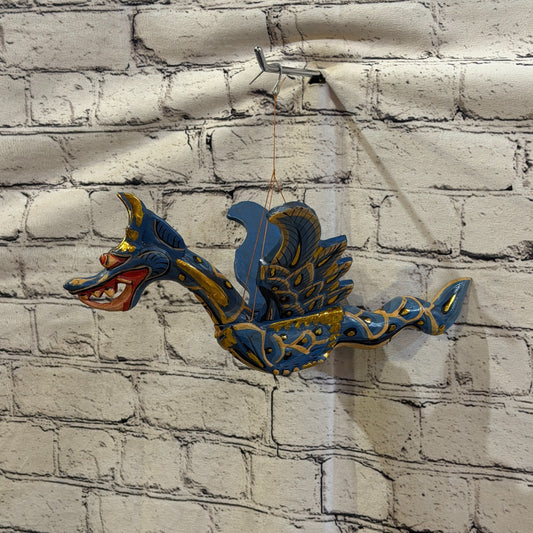 35cm Blue Dragon Folk Art Carved Wood Flying Winged Mobile Spirit Guardian0