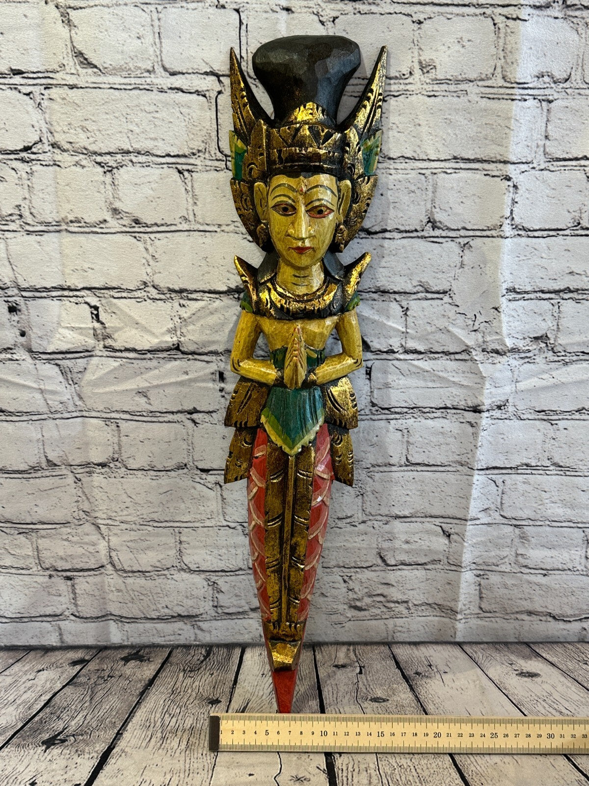 Old Antique Colour Sita Dewi Bali Rice Goddess Wings Mermaid Wood 60cm Pair8