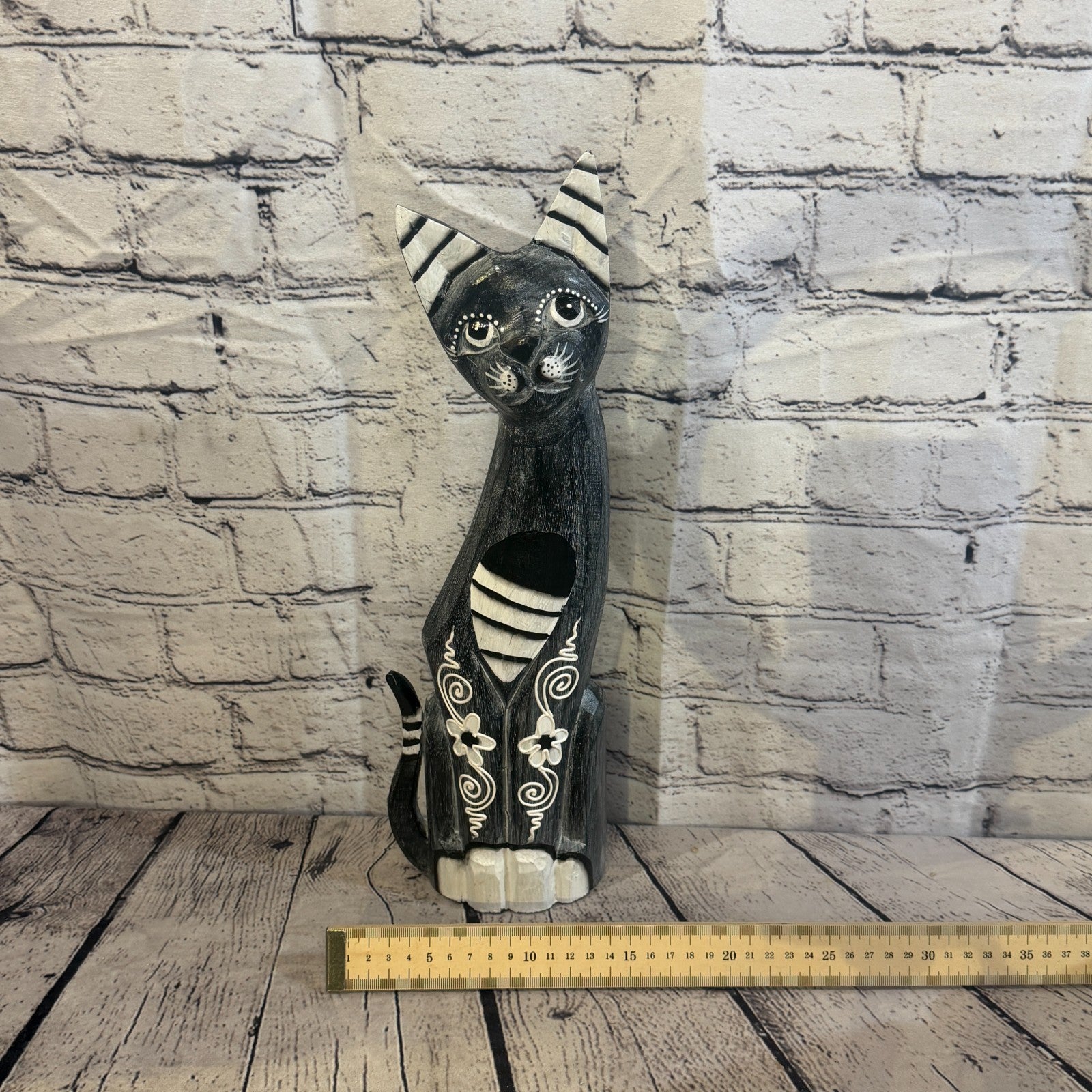 40cm Grey Flower Wooden Shabby Cat Statue Ornament Fair Trade Handcarved6