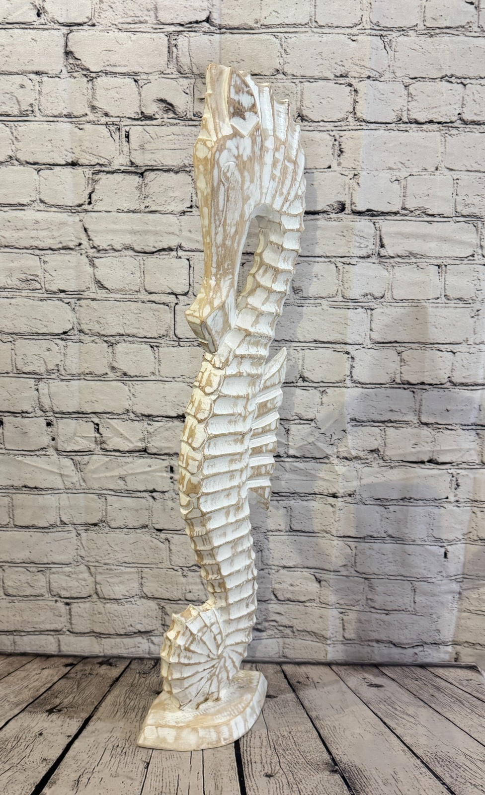 80cm White Wooden Shabby Seahorse Statue Ornament Fair Trade Handcarved0