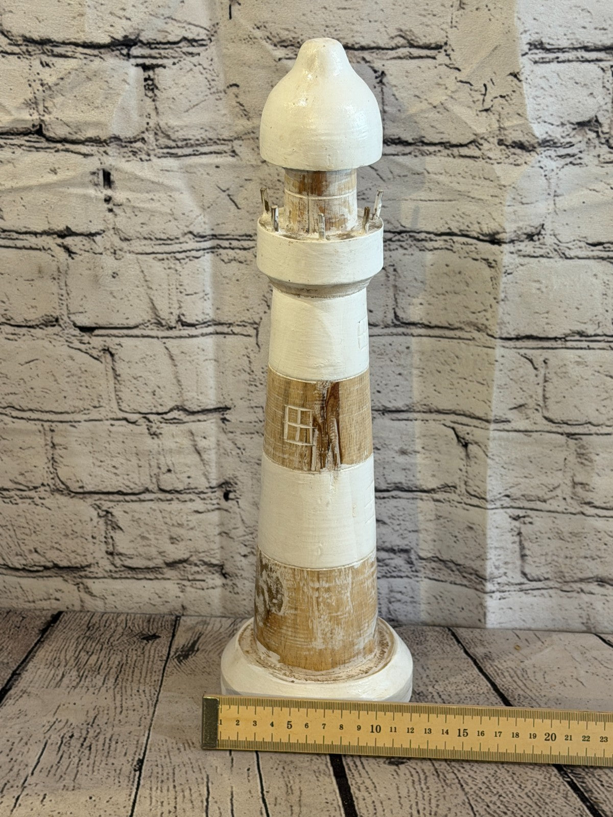 40cm Cream White Wooden Lighthouse Ornament Nautical Coastal Sculpture Statue4