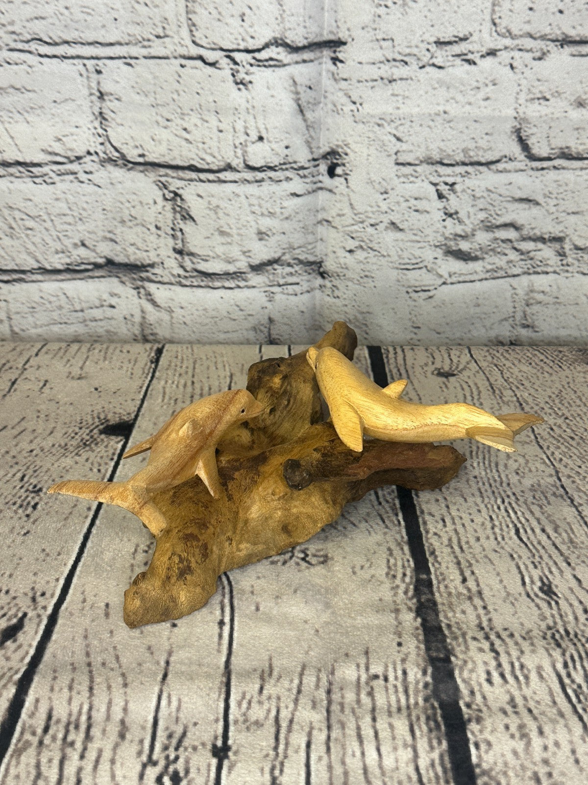 20cm Double Dolphin Mushroom Parasite Ornament Natural Carving Fairtrade Wooden2