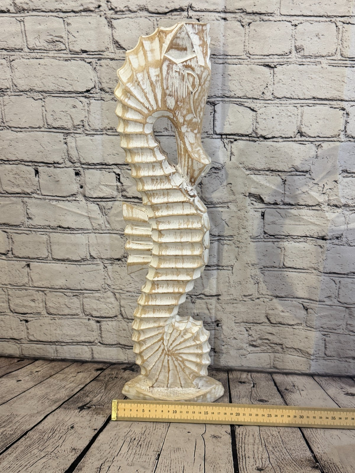 60cm White Wooden Shabby Seahorse Statue Ornament Fair Trade Handcarved6