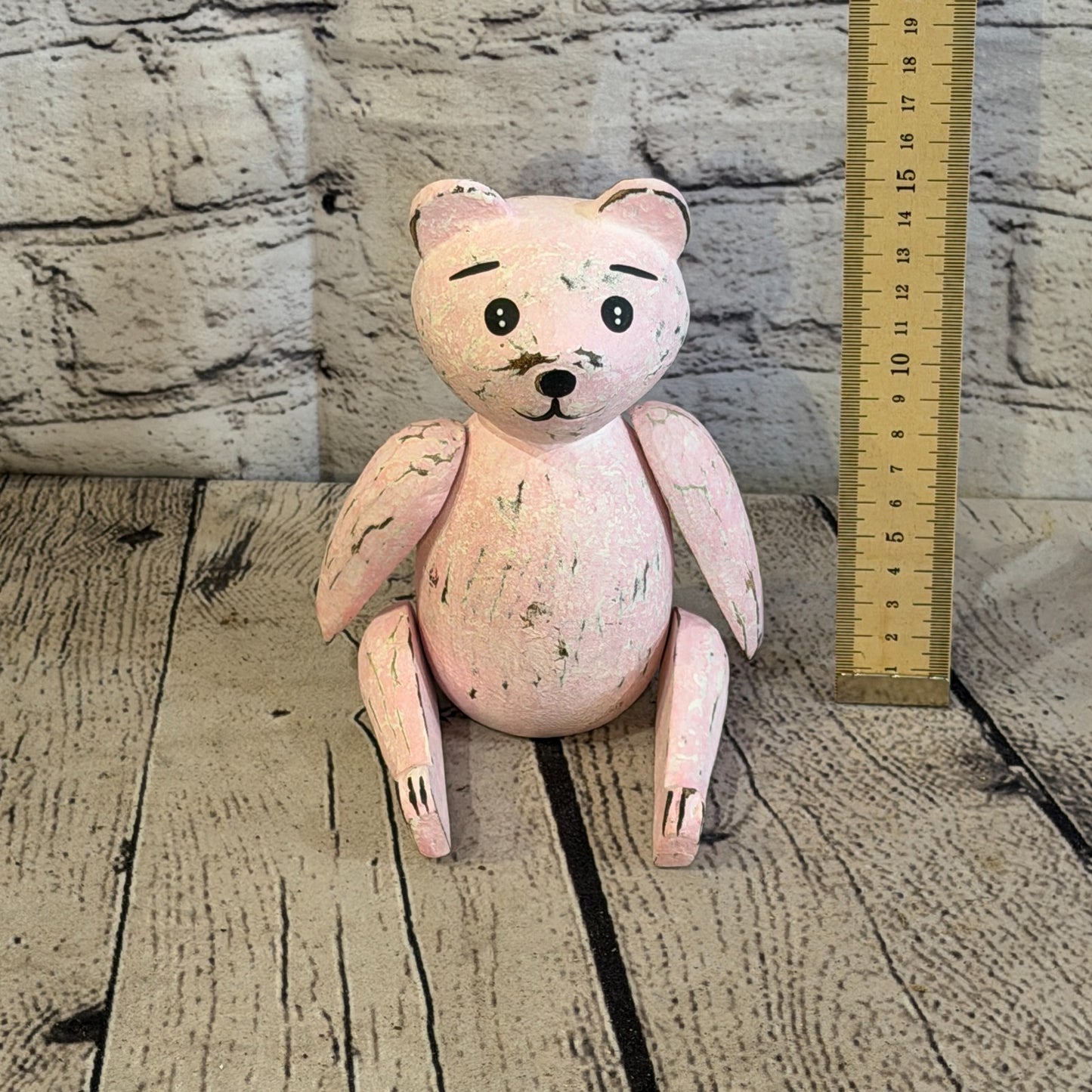 15cm Pink Teddy Bear Sitting Animal, Wooden Shelf Ornament Handmade & Fairtrade5