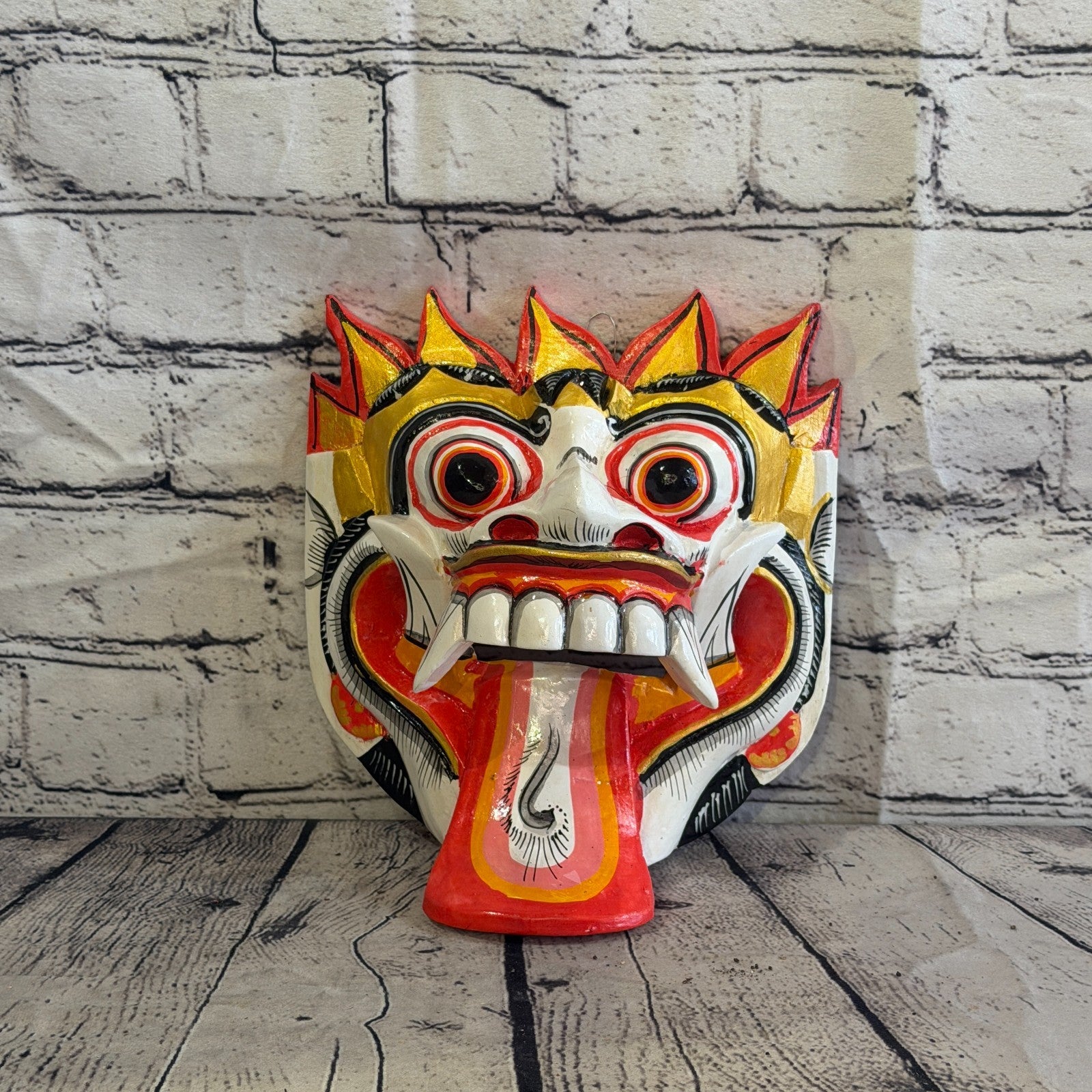 25cm Rangda Demon White Dragon Hindu Deity Wooden Hand Carved Mask Painted2