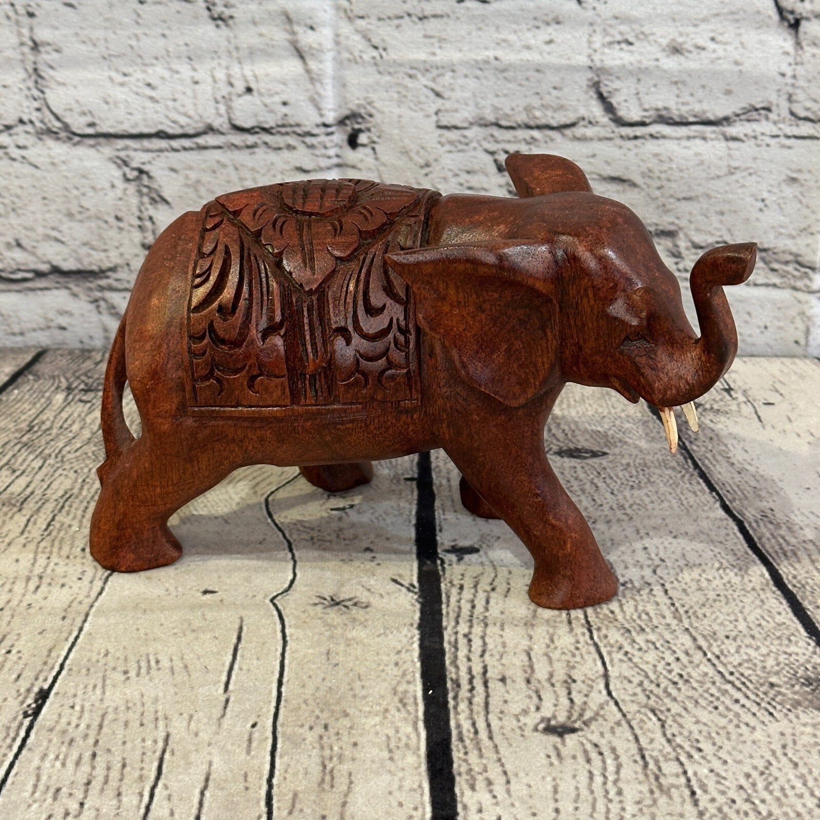 18cm x 12cm Carved Wooden Baby Elephant Wood Brown Sculpture Retro Handmade3