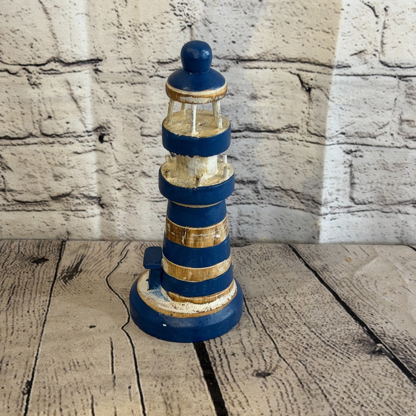 25cm Blue White Wooden Lighthouse Detailed Ornament Nautical Coastal Sculpture2