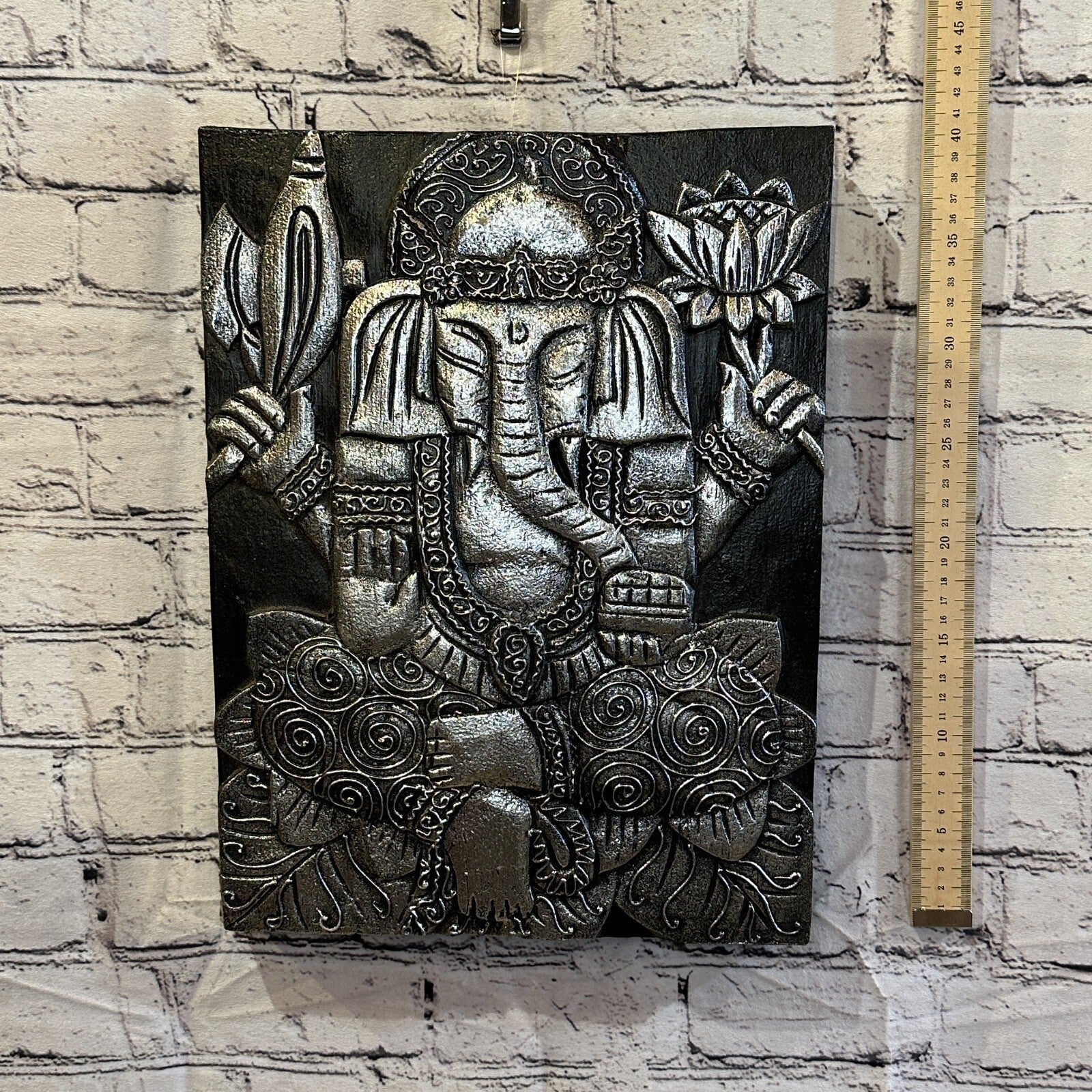 Wooden Wood Panel 40cm Brown Silver Ganesh Lotus Wall Art Plaque Handcarved4