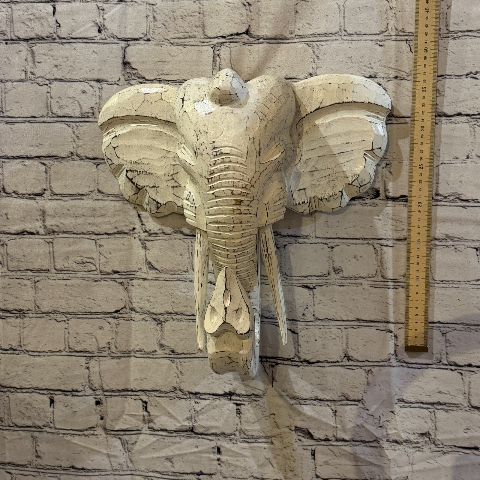 35cm x 35cm Plain White Painted Wood Elephant Head Wall Mounted Art Shabby4