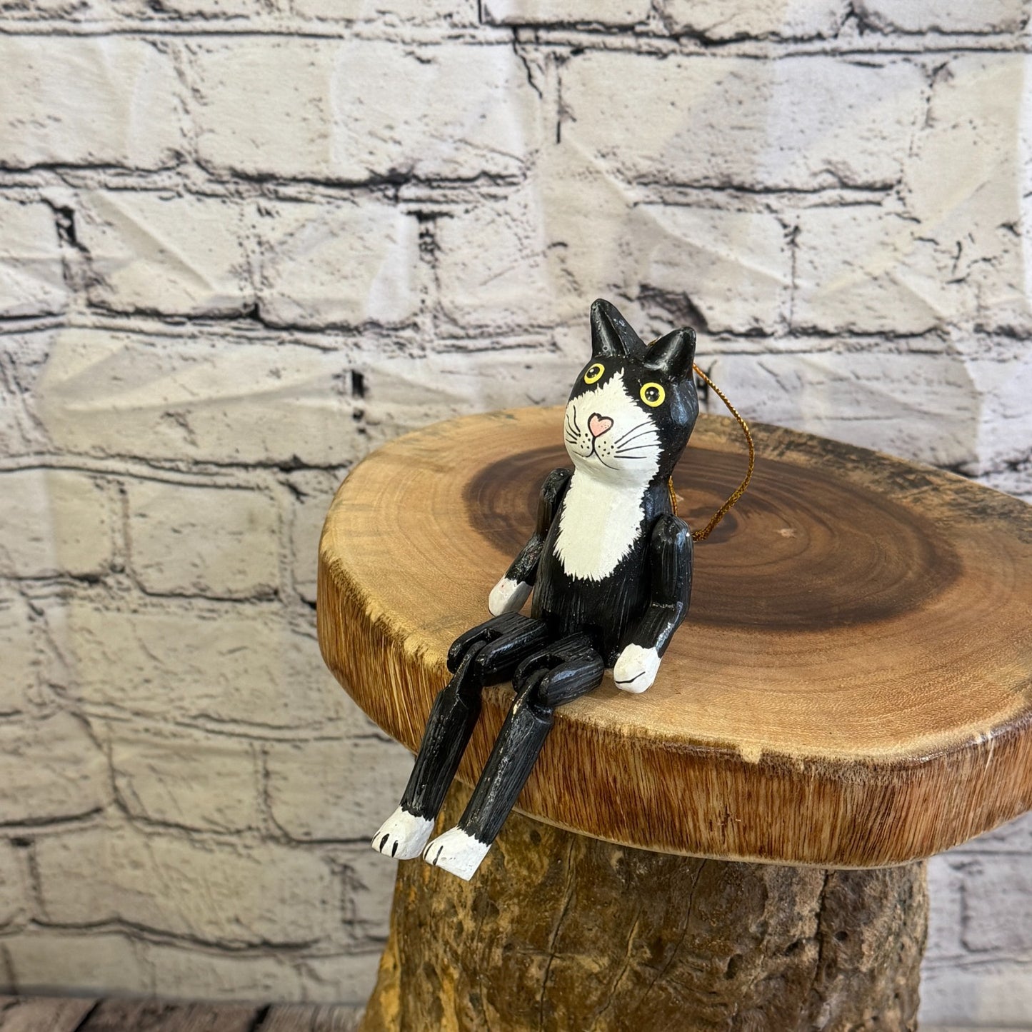 10cm Black White Cat Sitting Animal, Wooden Shelf Ornament Handmade Fairtrade8