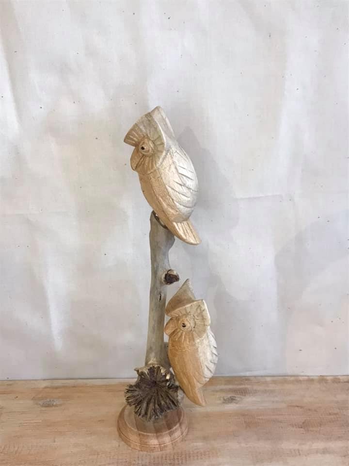 20cm Double Owl Mushroom Parasite Ornament Natural Carving Fairtrade Wooden3