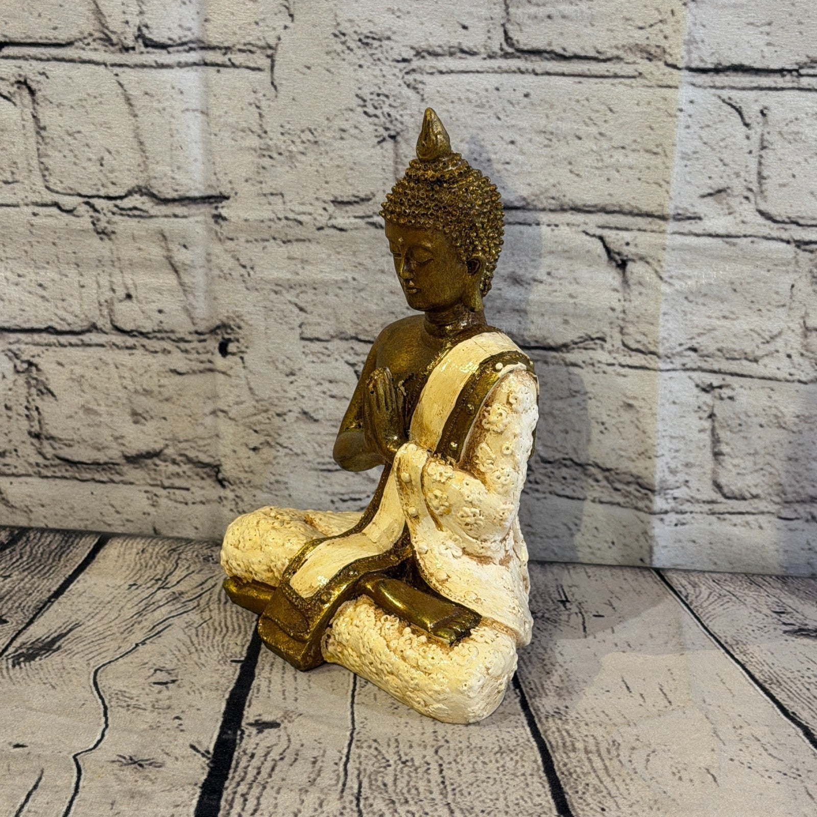 Cream & Bronze 20cm x 15cm Small Thai Spike Buddha Sitting Statue Resin Hindu0