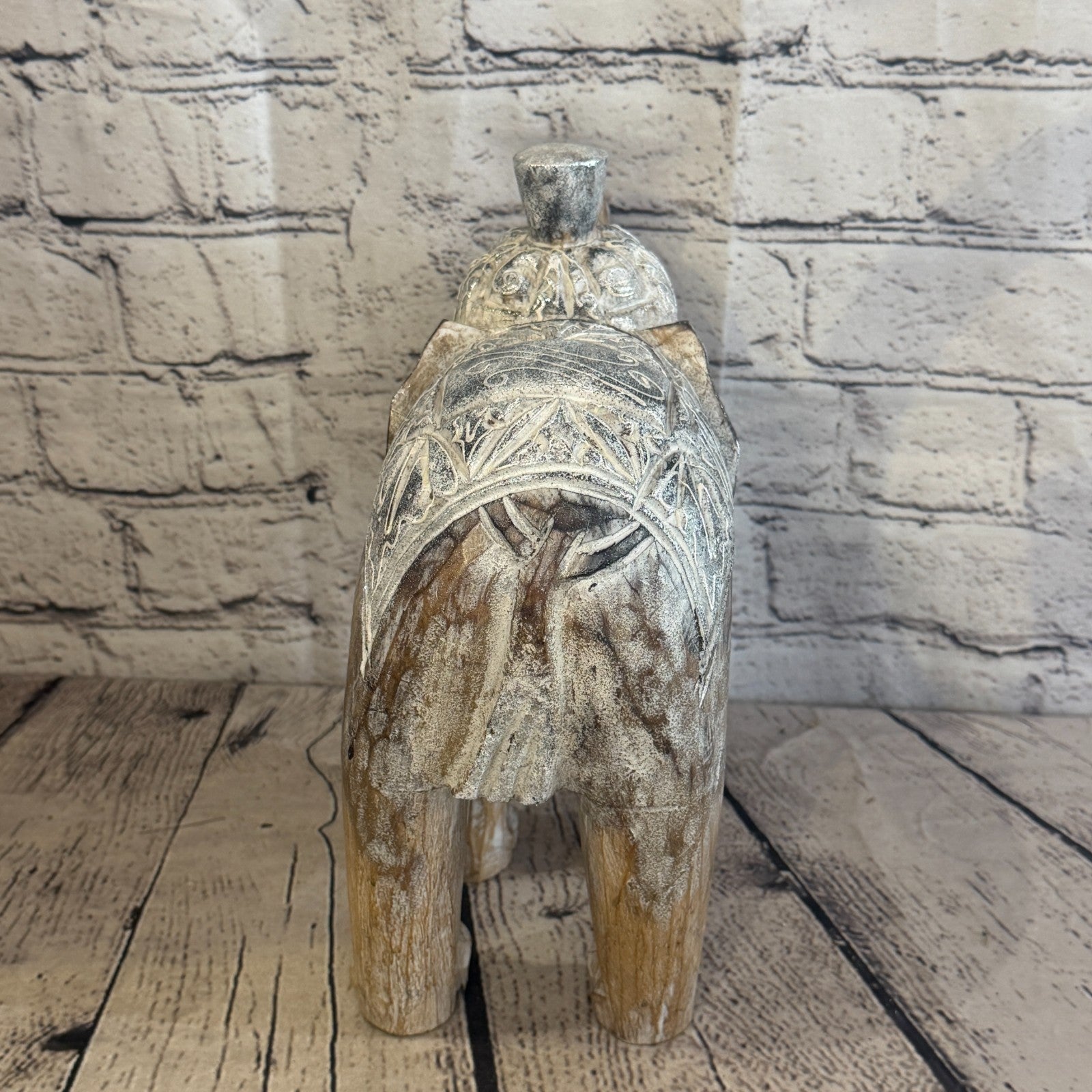 25cm x 25cm Brown Silver Wooden Standing Elephant Hand Carved & Painted5