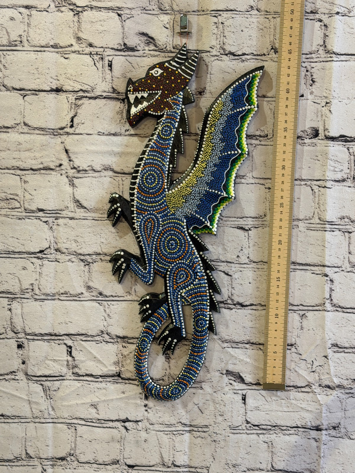 45cm Dragon Carved Wooden Dot Painted Ethnic Tribal Tiki Wall Art No 24
