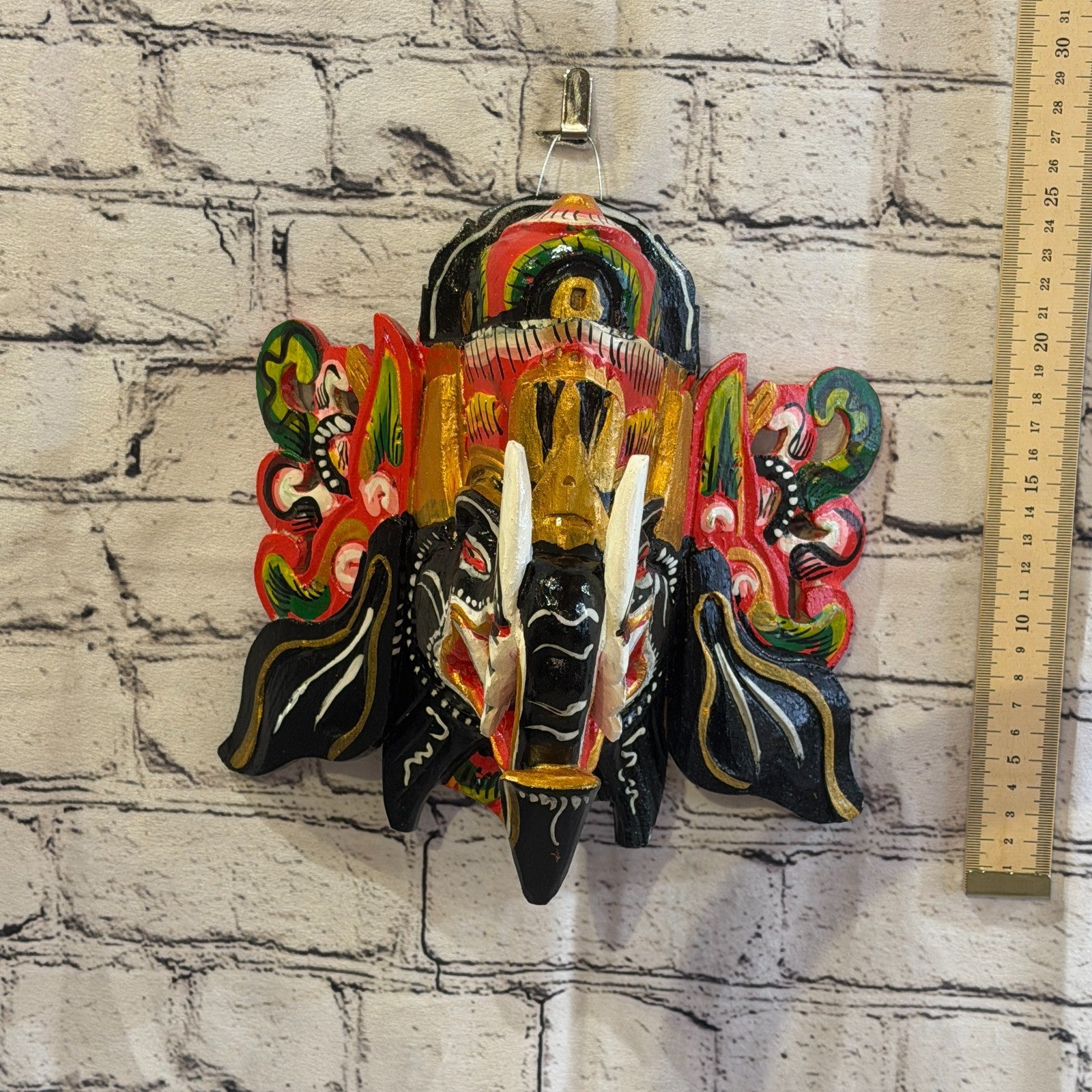 25cm Ganash Ganesha Black Elephant Hindu Deity Wooden Hand Carved Mask Painted10