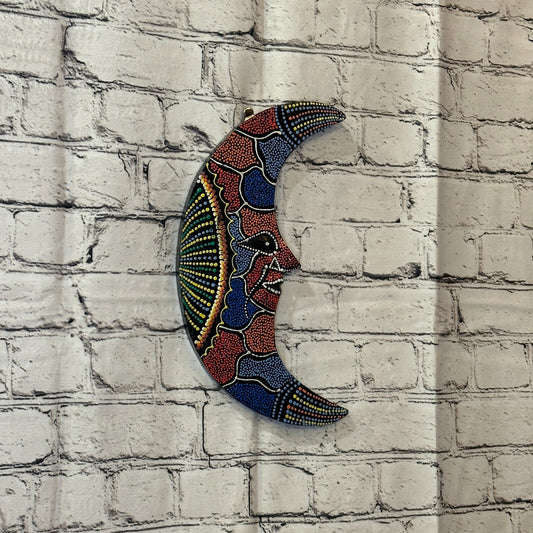 30cm Crescent Moon Carved Wooden Dot Painted Ethnic Tribal Tiki Wall Art No 20