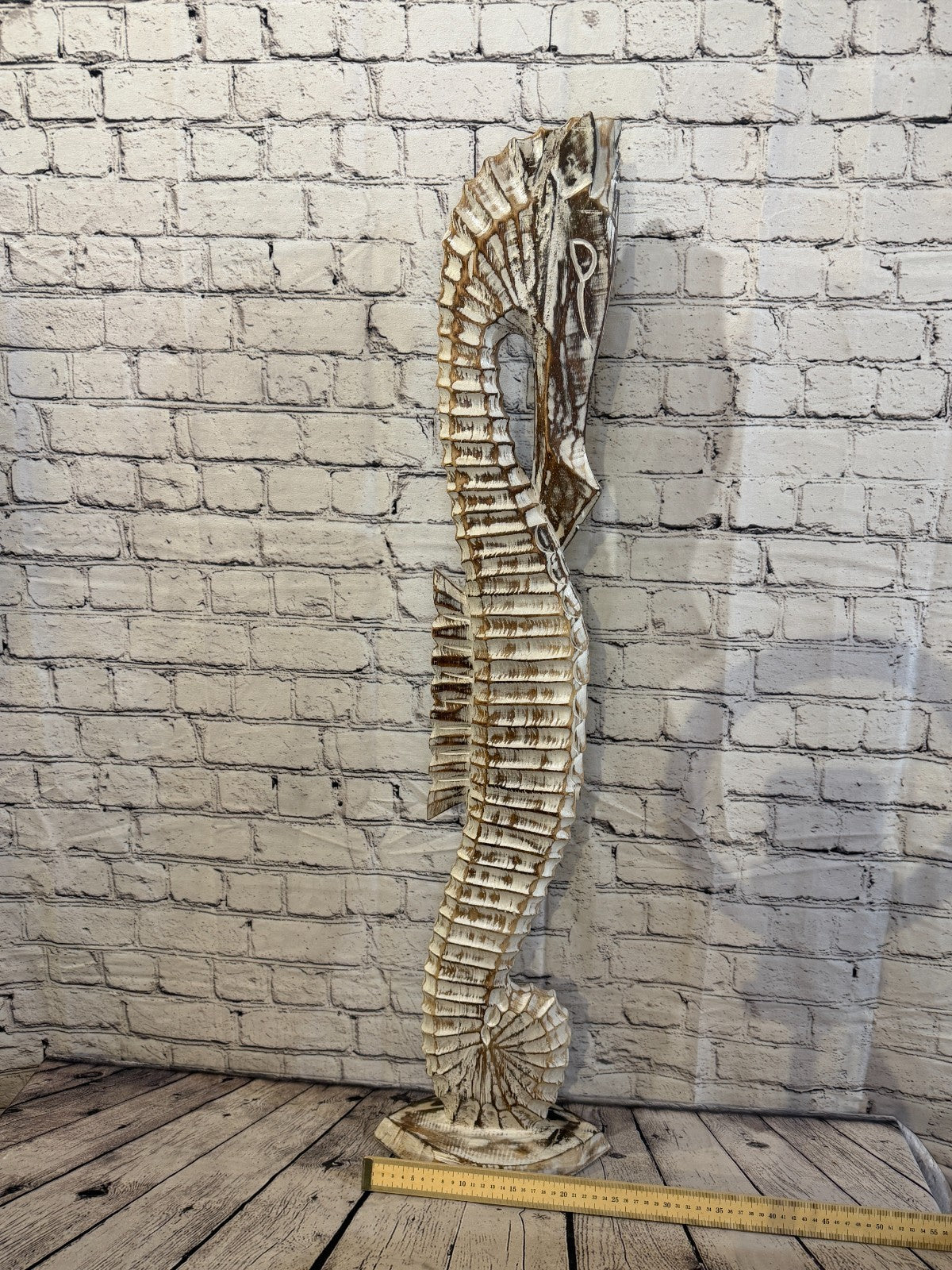 100cm Brown Wooden Shabby Seahorse Statue Ornament Fair Trade Handcarved6