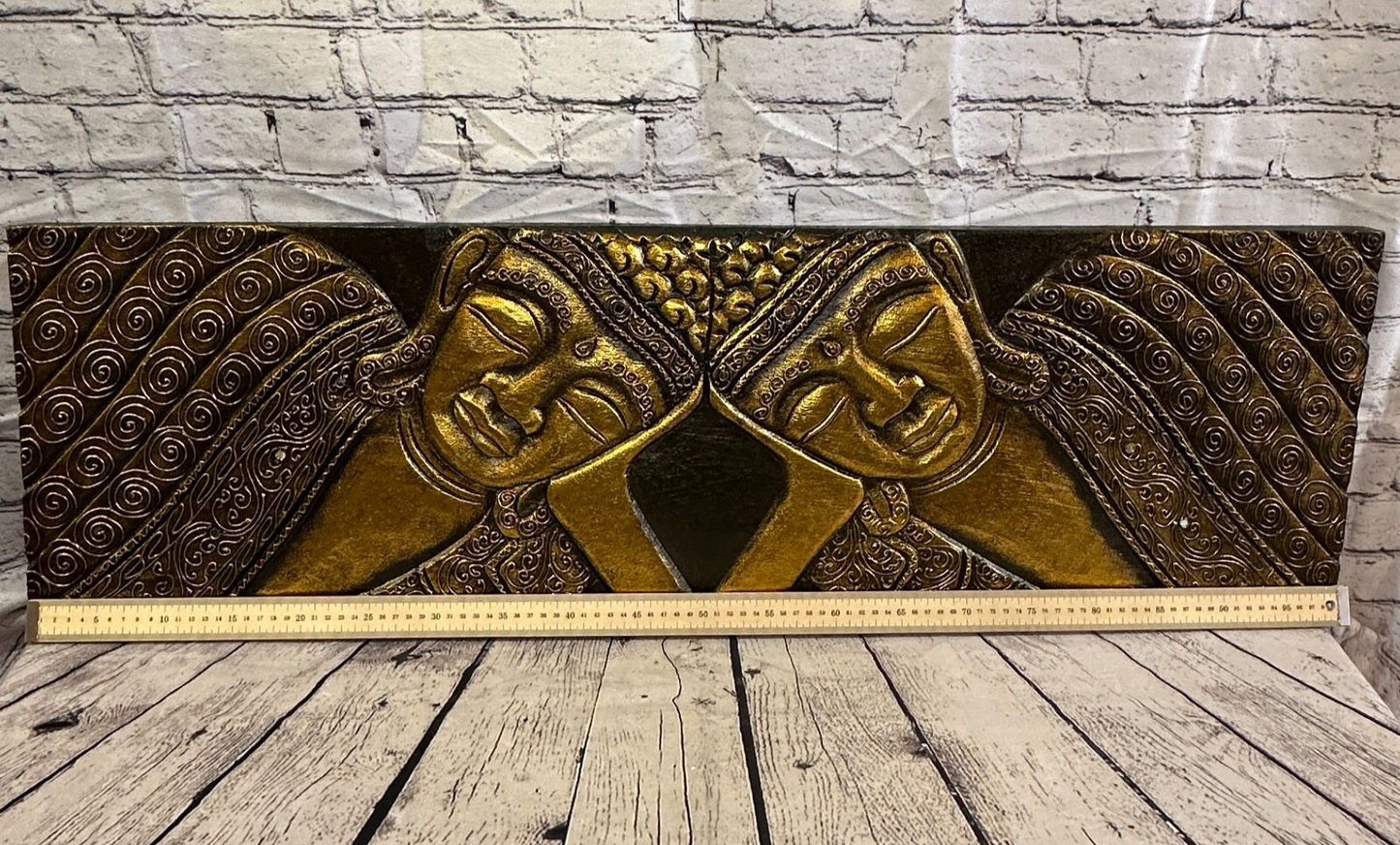 100cm x 30cm Buddha 2 Faces Gold Wooden Wood Panel Wall Art Plaque Handcarved4