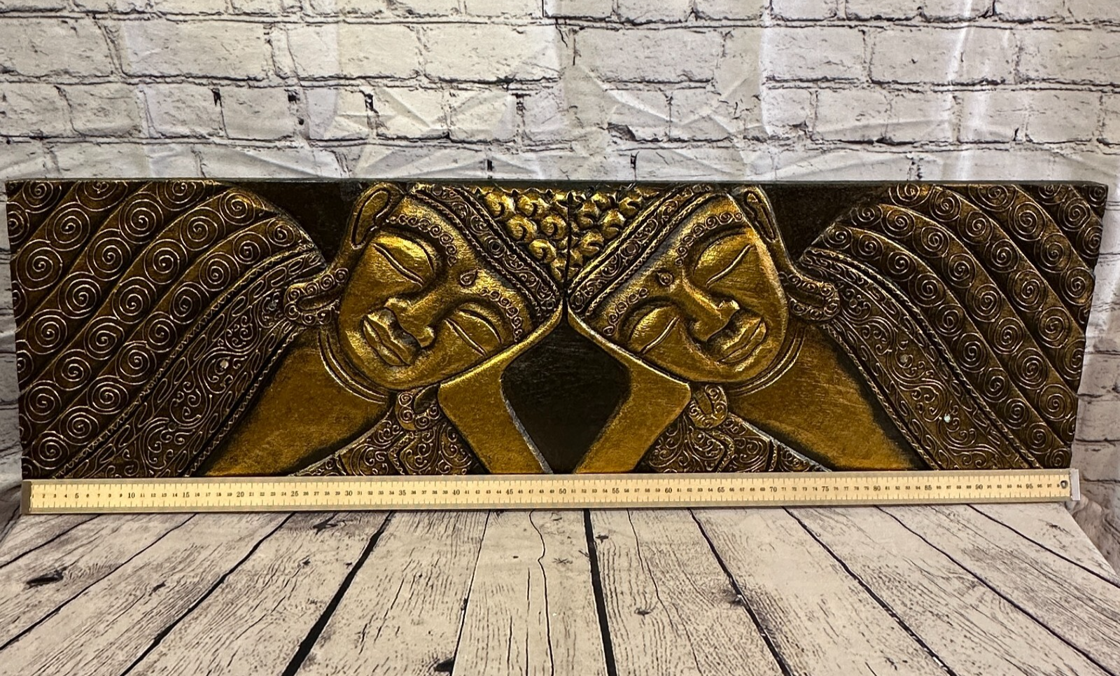 100cm x 30cm Buddha 2 Faces Gold Wooden Wood Panel Wall Art Plaque Handcarved4