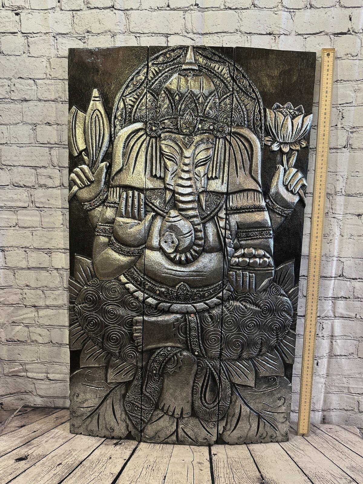 100cm x 60cm Ganesh Silver Panel Wooden Wood Panel Wall Art Plaque Handcarved4