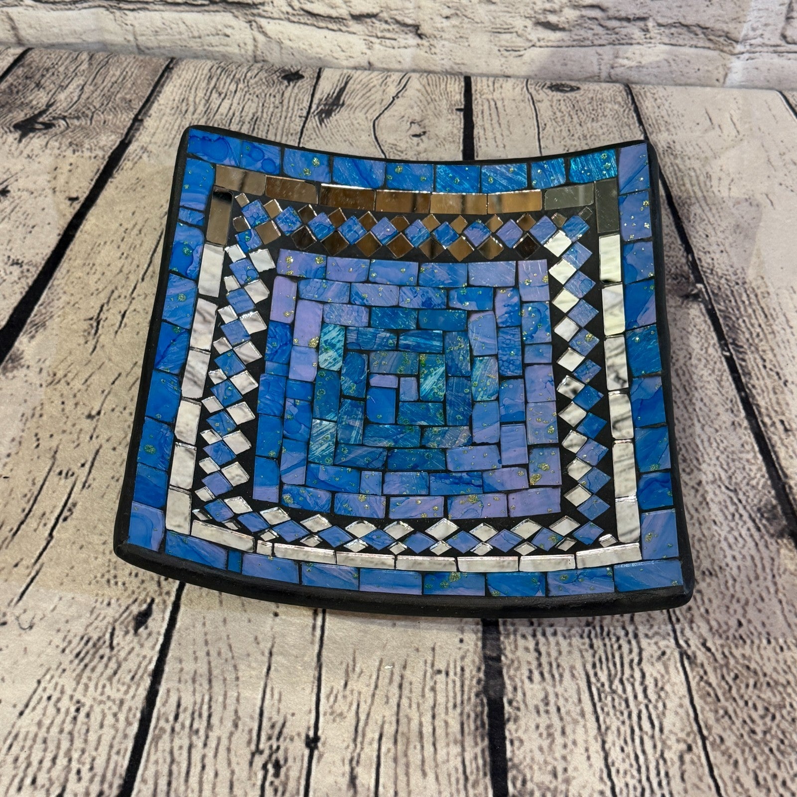 25cm Light Blue Square Mirror Mosaic Handmade Ceramic Glass Tile Bowl Fruit0