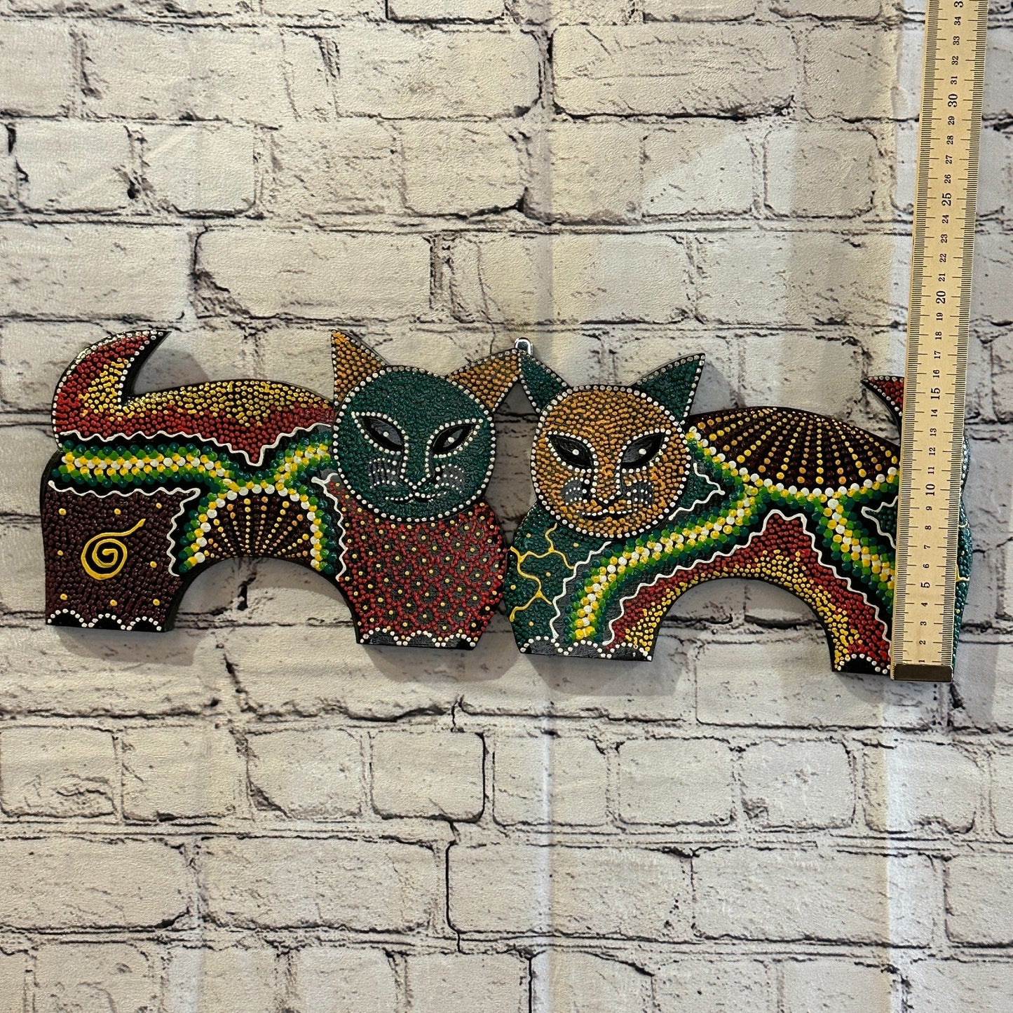 50cm 2 Cats Carved Wooden Dot Painted Ethnic Tribal Tiki Wall Art Handmade No 34