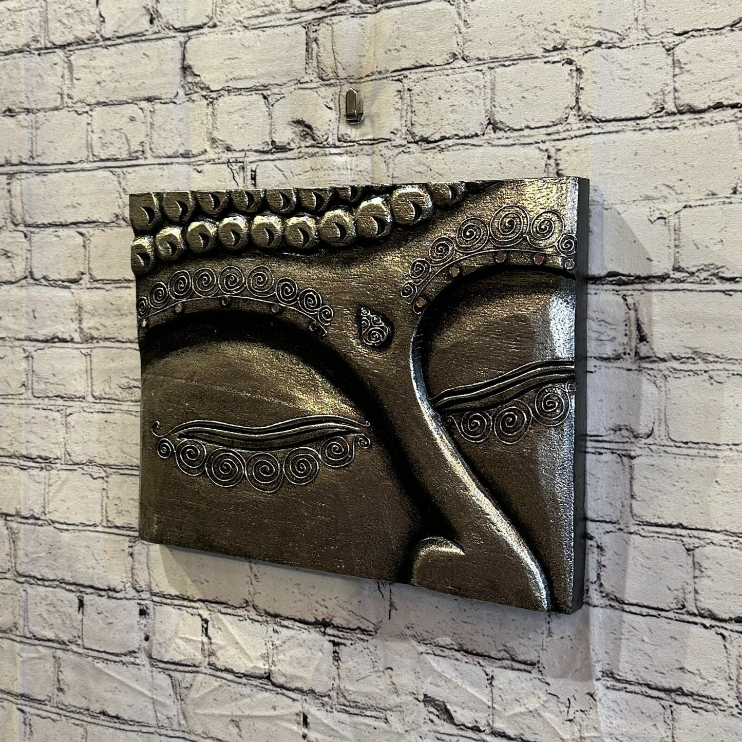 Wooden Wood Panel 40cm Brown Silver Buddha Eyes Lotus Wall Art Plaque Handcarved1