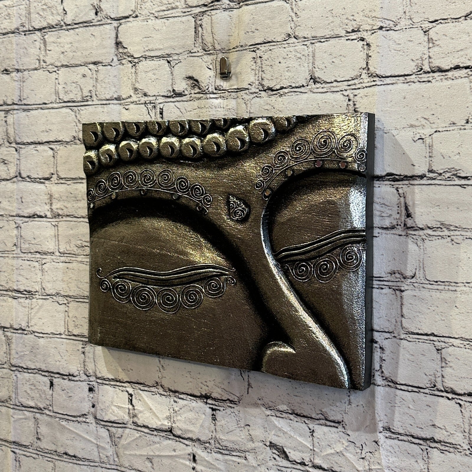 Wooden Wood Panel 40cm Brown Silver Buddha Eyes Lotus Wall Art Plaque Handcarved1