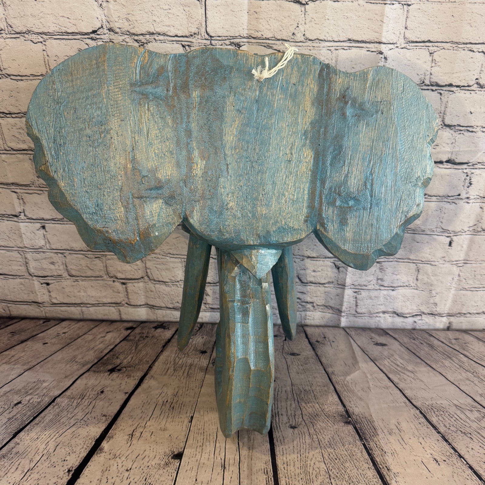25cm x 25cm Silver Blue Painted Wood Elephant Head Wall Mounted Art Shabby5