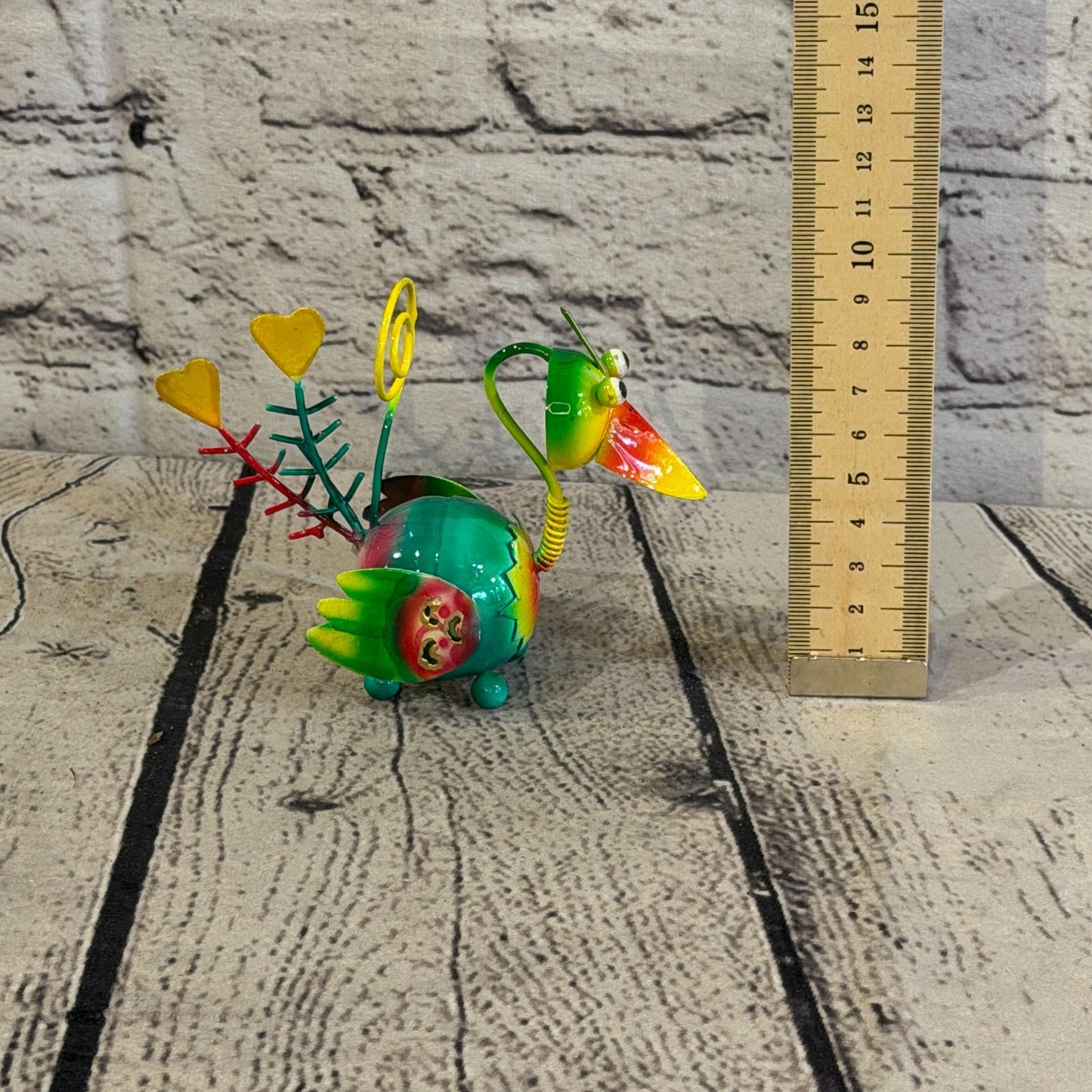 10cm x 10cm Small Colourful Bird Green Metal Tin Standing Ornament Statue5