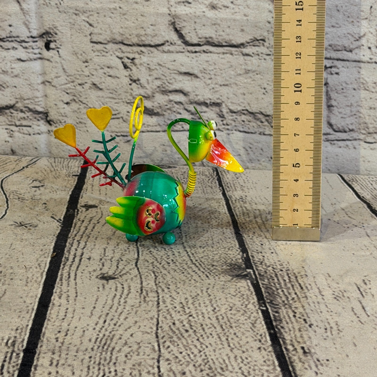 10cm x 10cm Small Colourful Bird Green Metal Tin Standing Ornament Statue5