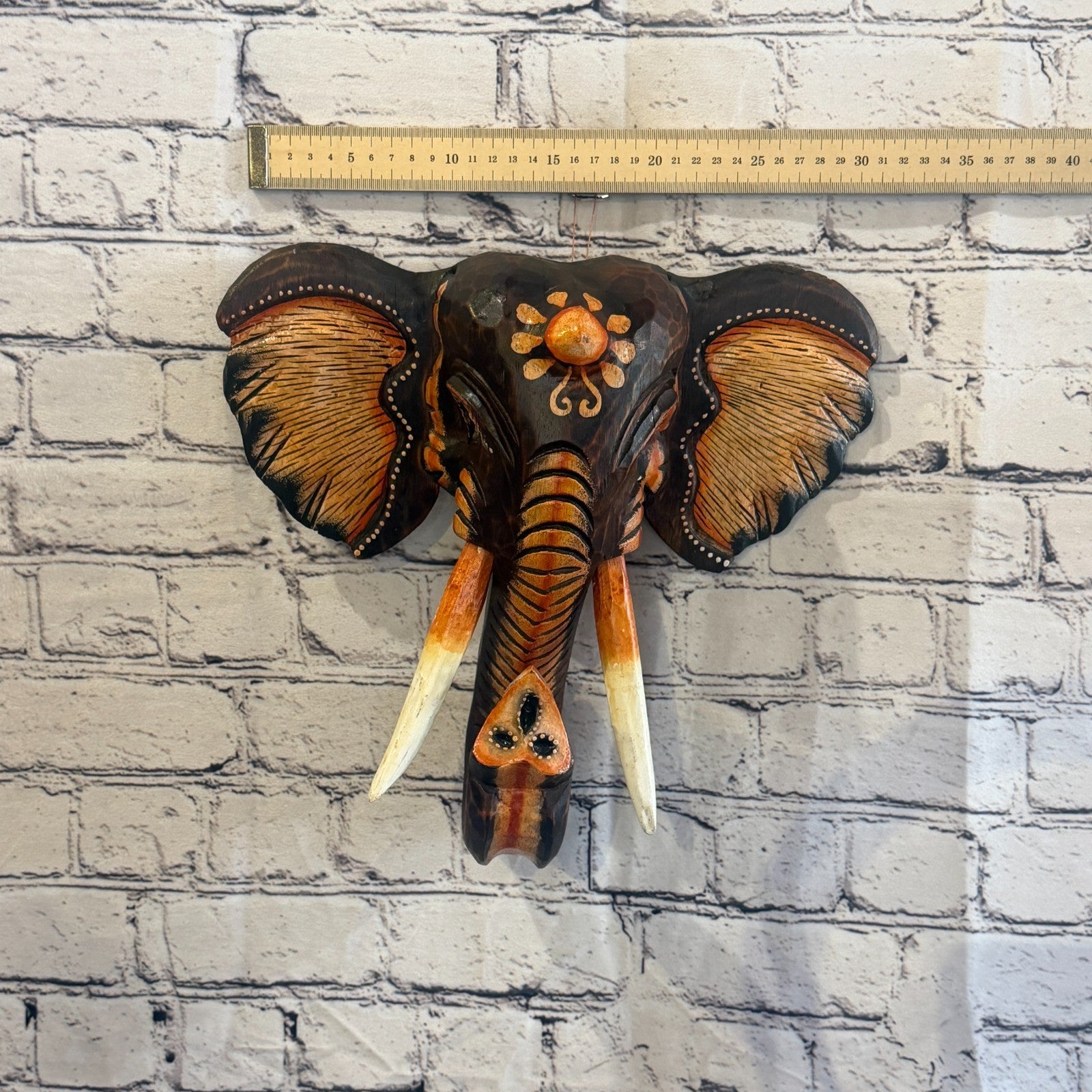 30cm x 30cm Brown Light Painted Wood Elephant Head Wall Mounted Art Shabby3