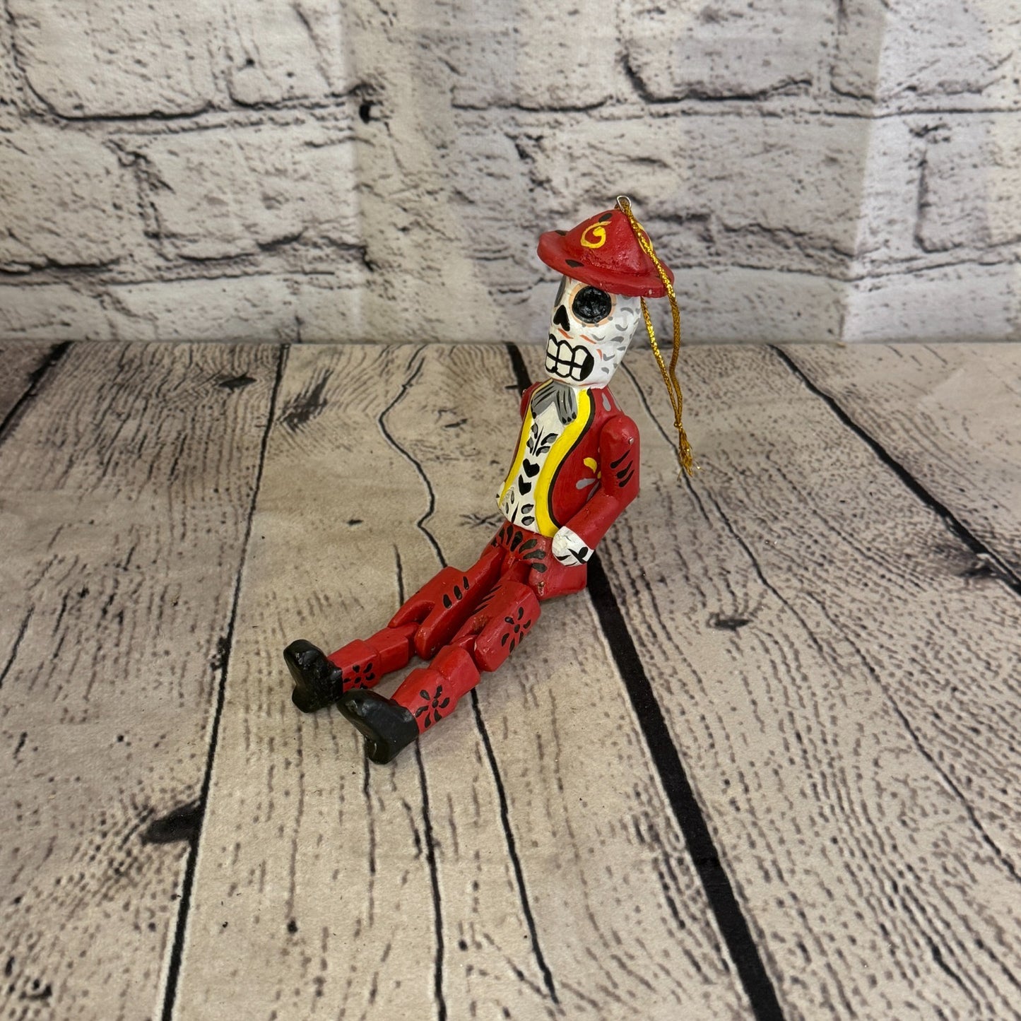 10cm Red Day Of The Dead Man Sitting Animal, Wooden Shelf Ornament Fairtrade0