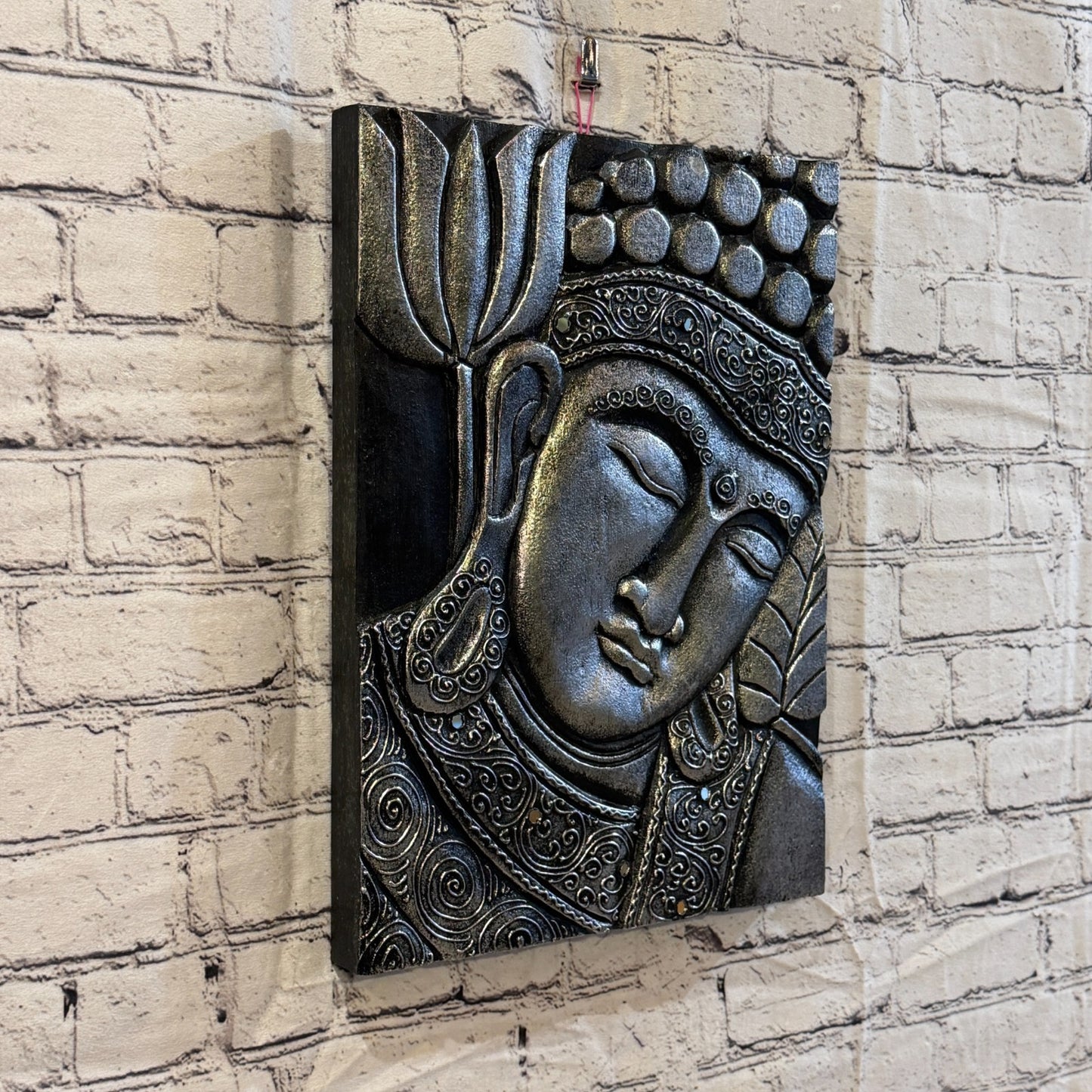 Wooden Wood Panel 40cm Silver Black Buddha Lotus Wall Art Plaque Handcarved0