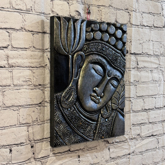 Wooden Wood Panel 40cm Silver Black Buddha Lotus Wall Art Plaque Handcarved0